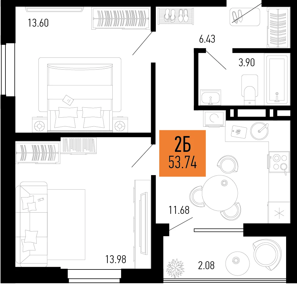 Планировка 2-комн. квартира, 53.74 м² ЖК «Столицыно»