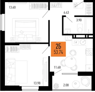 Планировка 2-комн. квартира, 53.74 м² ЖК «Столицыно»