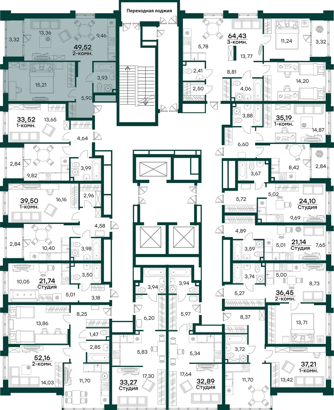 Планировка 2-комн. квартира, 49.52 м² ЖК «Аквамарин 2»