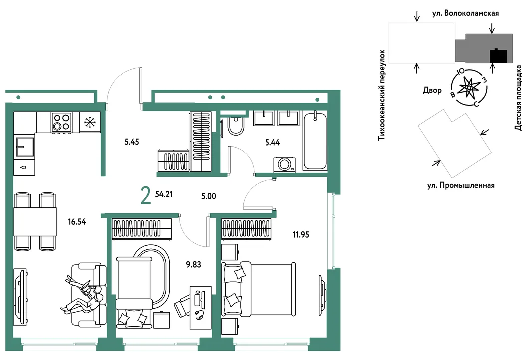 Планировка 2-комн. квартира, 54.21 м² ЖК «Страна Прибрежная»
