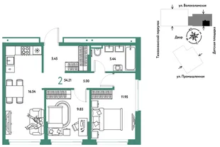 Планировка 2-комн. квартира, 54.21 м² ЖК «Страна Прибрежная»