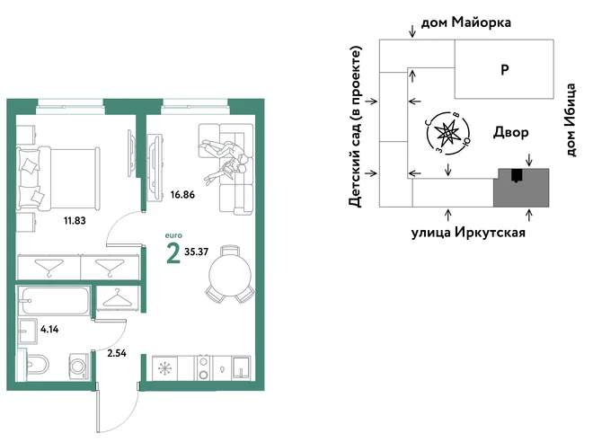 Планировка 2-комн. квартира, 35.37 м² ЖК «Остров-сад» Планировка 2-комн. квартира, 35.37 м² ЖК «Остров-сад»