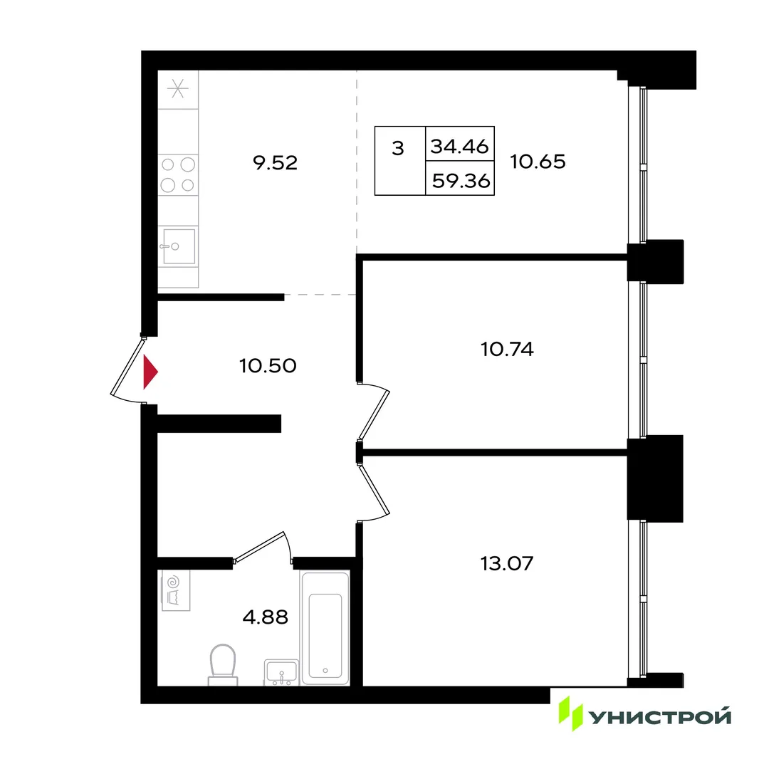 Планировка 3-комн. квартира, 59.36 м² ЖК «Уникум на Энгельса»