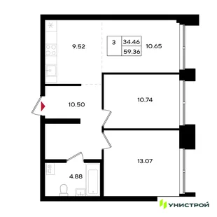 Планировка 3-комн. квартира, 59.36 м² ЖК «Уникум на Энгельса»