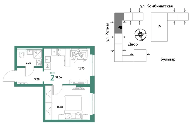 Планировка 2-комн. квартира, 30.84 м² ЖК «Уральский сад» Планировка 2-комн. квартира, 30.84 м² ЖК «Уральский сад»