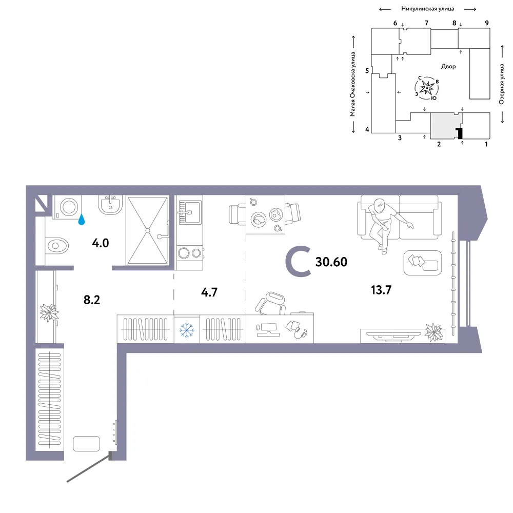 Планировка Студия, 30.6 м² ЖК «Страна.Озёрная»