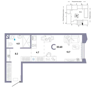 Планировка Студия, 30.6 м² ЖК «Страна.Озёрная»
