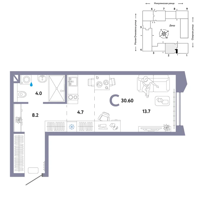 Планировка Студия, 30.6 м² ЖК «Страна.Озёрная» Планировка Студия, 30.6 м² ЖК «Страна.Озёрная»