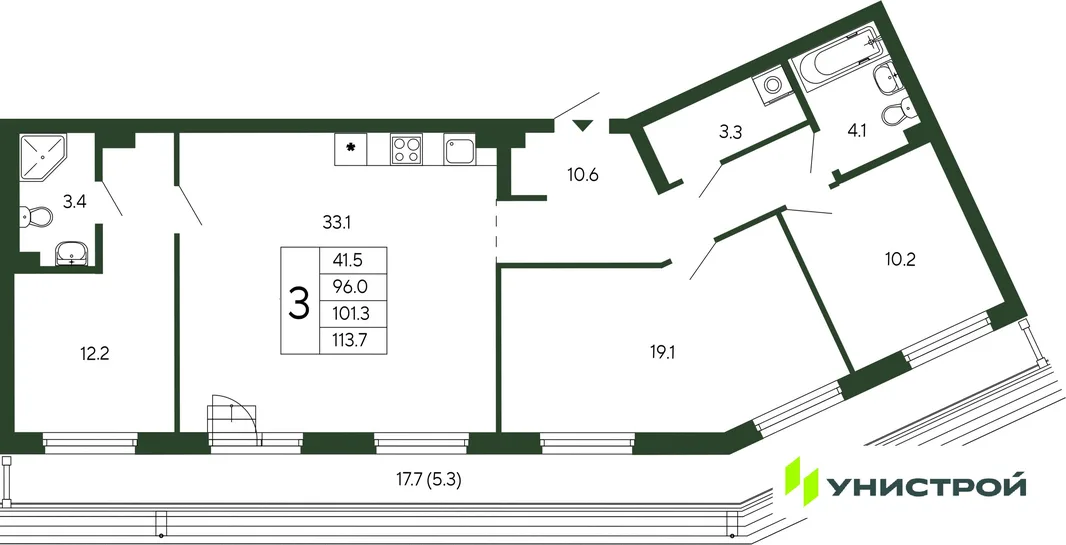 Планировка 3-комн. квартира, 101.3 м² ЖК «Парковый квартал 2.0»