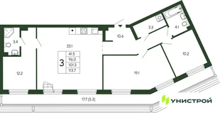 Планировка 3-комн. квартира, 101.3 м² ЖК «Парковый квартал 2.0»