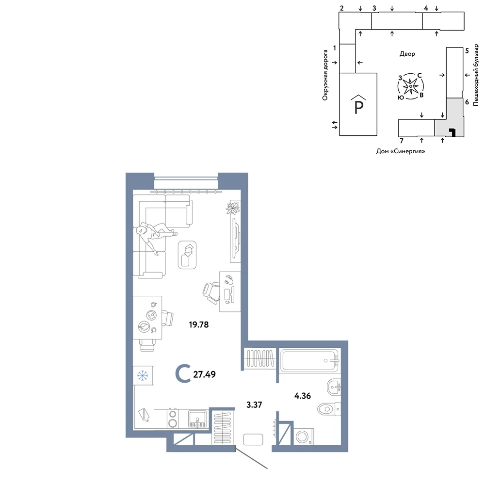 Планировка Студия, 27.49 м² ЖК «Юнион»