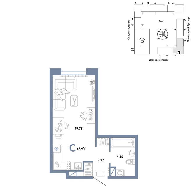Планировка Студия, 27.49 м² ЖК «Юнион» Планировка Студия, 27.49 м² ЖК «Юнион»