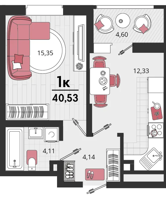 Планировка 1-комн. квартира, 40.53 м² ЖК «Родные просторы»