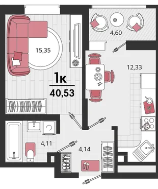 Планировка 1-комн. квартира, 40.53 м² ЖК «Родные просторы»