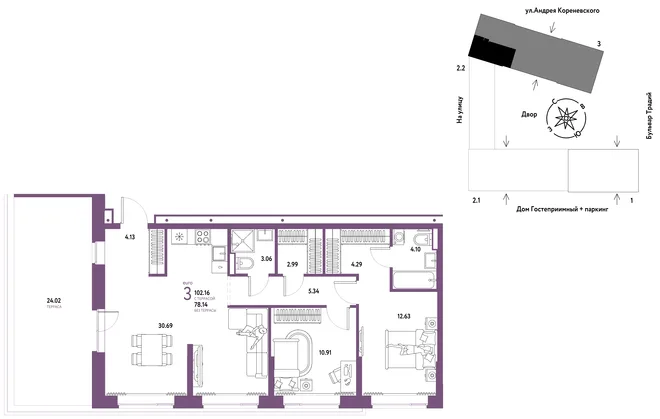 Планировка 3-комн. квартира, 102.16 м² ЖК «Микрорайон Домашний» Планировка 3-комн. квартира, 102.16 м² ЖК «Микрорайон Домашний»