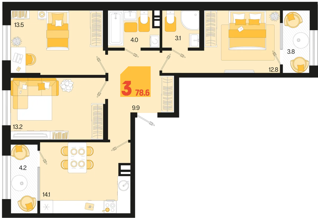 Планировка 3-комн. квартира, 78.6 м² ЖК «Первое место»