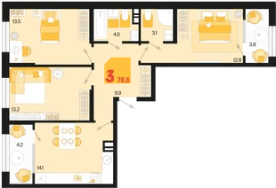 Планировка 3-комн. квартира, 78.6 м² ЖК «Первое место»