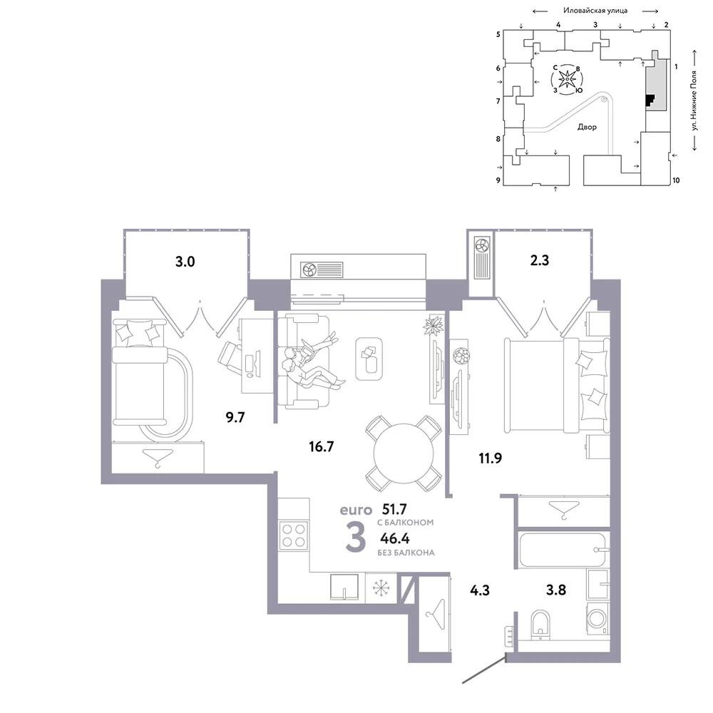 Планировка 3-комн. квартира, 51.7 м² ЖК «Страна.Заречная»