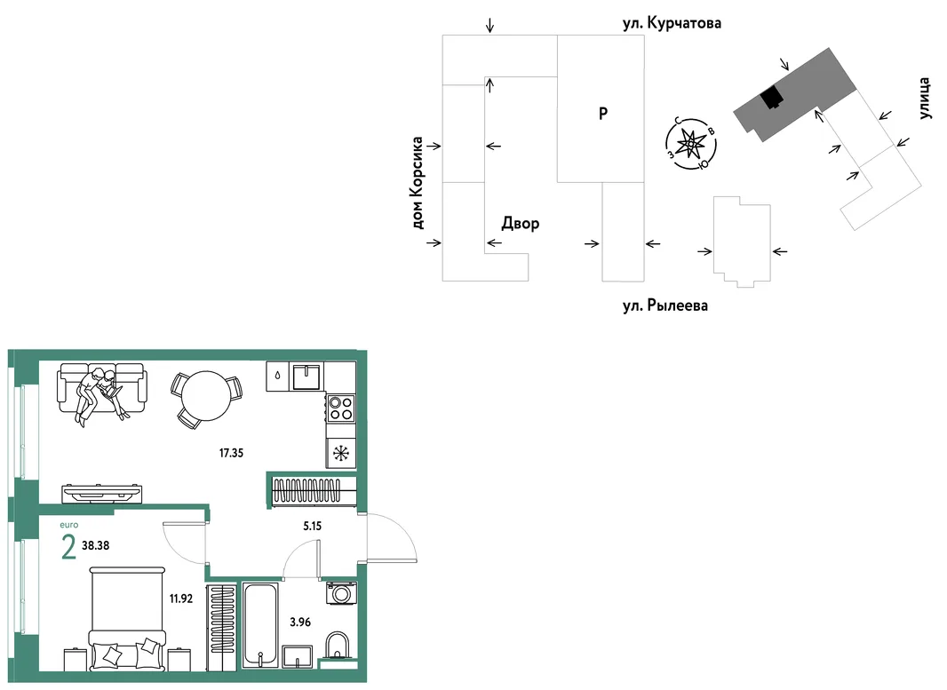 Планировка 2-комн. квартира, 38.71 м² ЖК «Остров-сад»