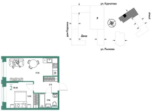 Планировка 2-комн. квартира, 38.71 м² ЖК «Остров-сад»