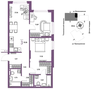 Планировка 3-комн. квартира, 70.28 м² ЖК «Страна Прибрежная»