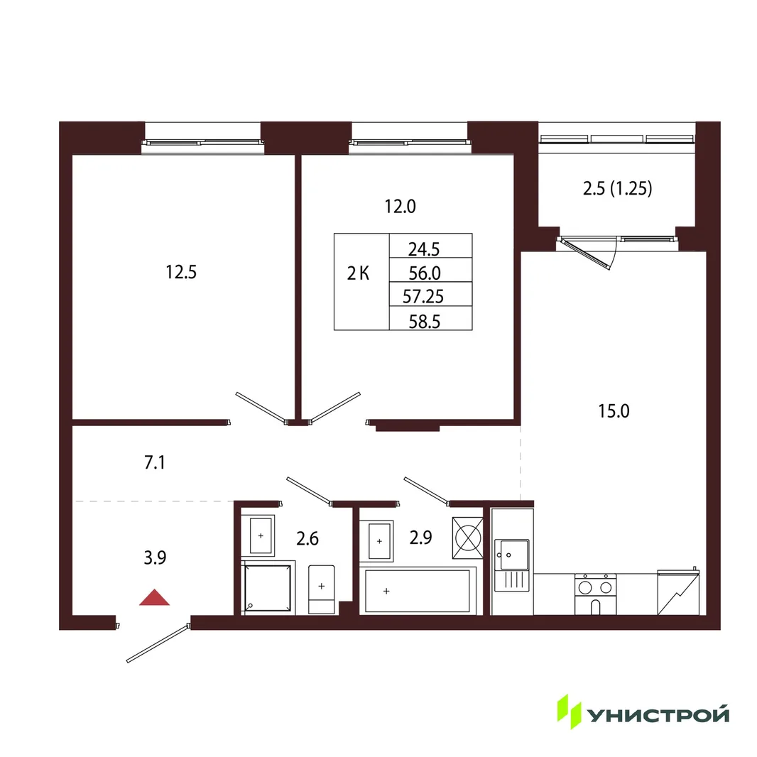 Планировка 2-комн. квартира, 57.25 м² ЖК «Лисино»