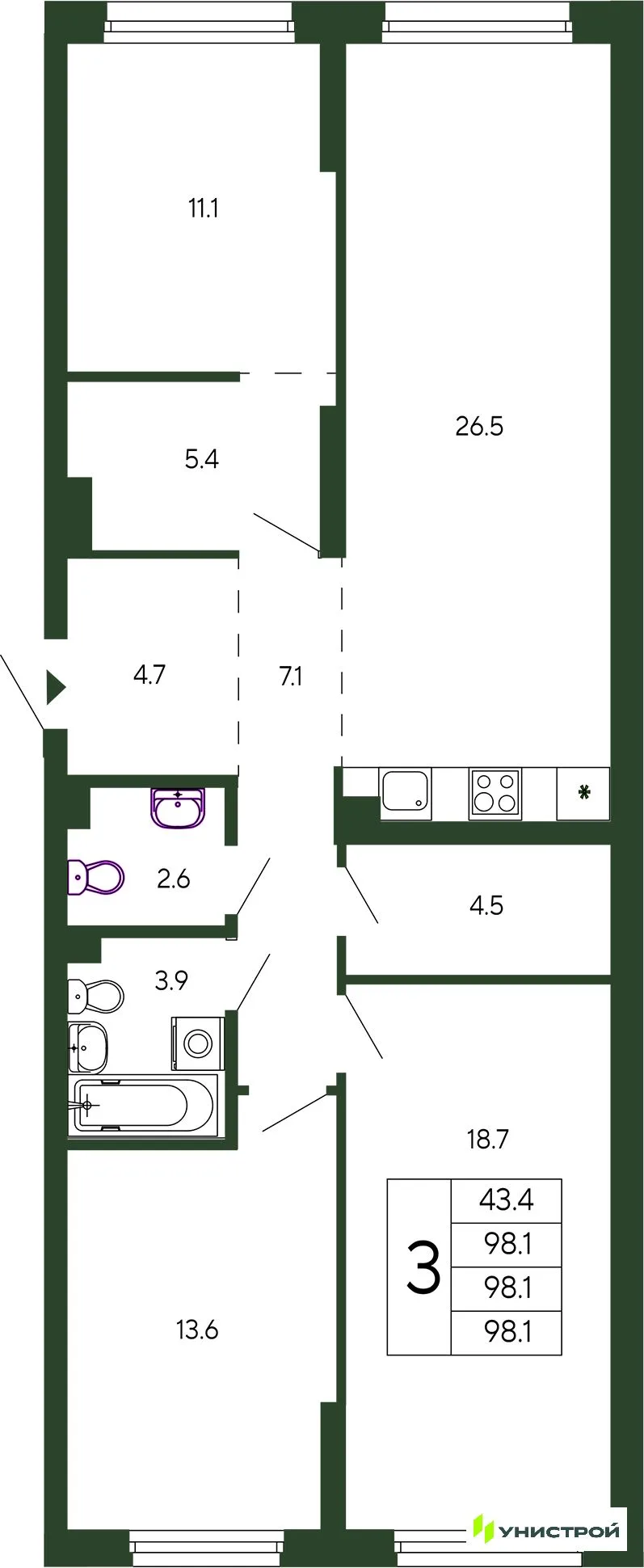 Планировка 3-комн. квартира, 98.1 м² ЖК «Парковый квартал 2.0»