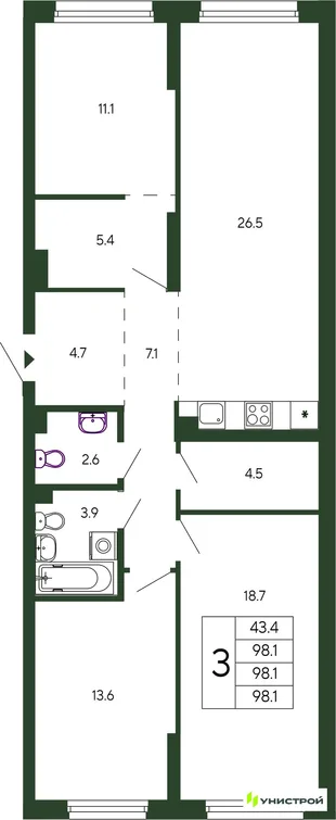 Планировка 3-комн. квартира, 98.1 м² ЖК «Парковый квартал 2.0»