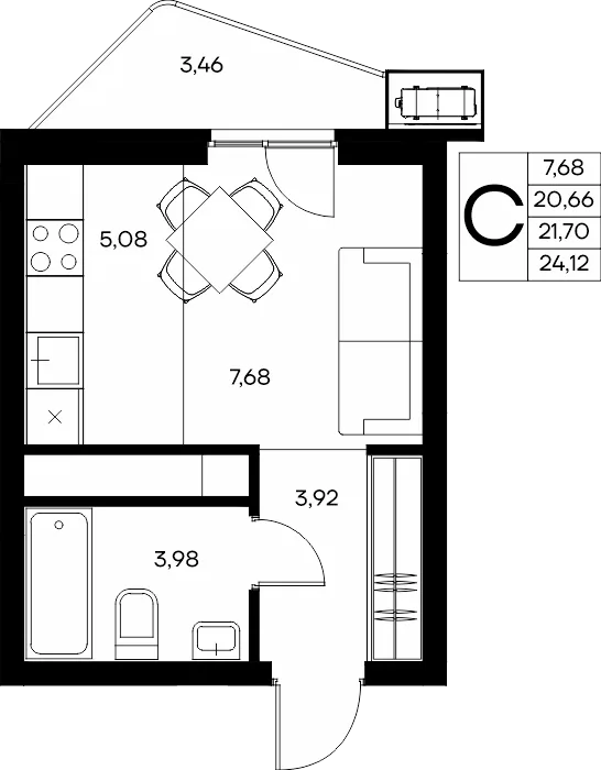 Планировка Студия, 24.12 м² ЖК «Прибрежный дом»