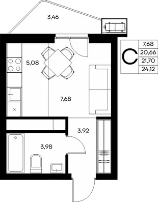 Планировка Студия, 24.12 м² ЖК «Прибрежный дом»