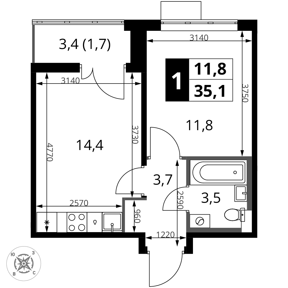 Планировка 1-комн. квартира, 35.1 м² ЖК «1-й Шереметьевский»
