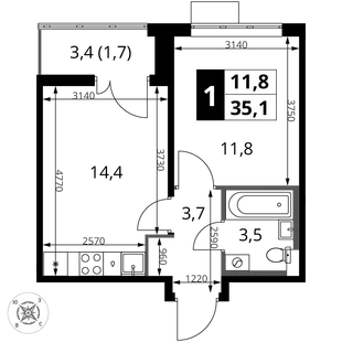 Планировка 1-комн. квартира, 35.1 м² ЖК «1-й Шереметьевский»