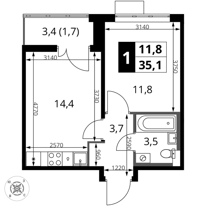 Планировка 1-комн. квартира, 35.1 м² ЖК «1-й Шереметьевский» Планировка 1-комн. квартира, 35.1 м² ЖК «1-й Шереметьевский»
