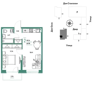 Планировка 2-комн. квартира, 39.74 м² ЖК «Европейский берег 2.0»