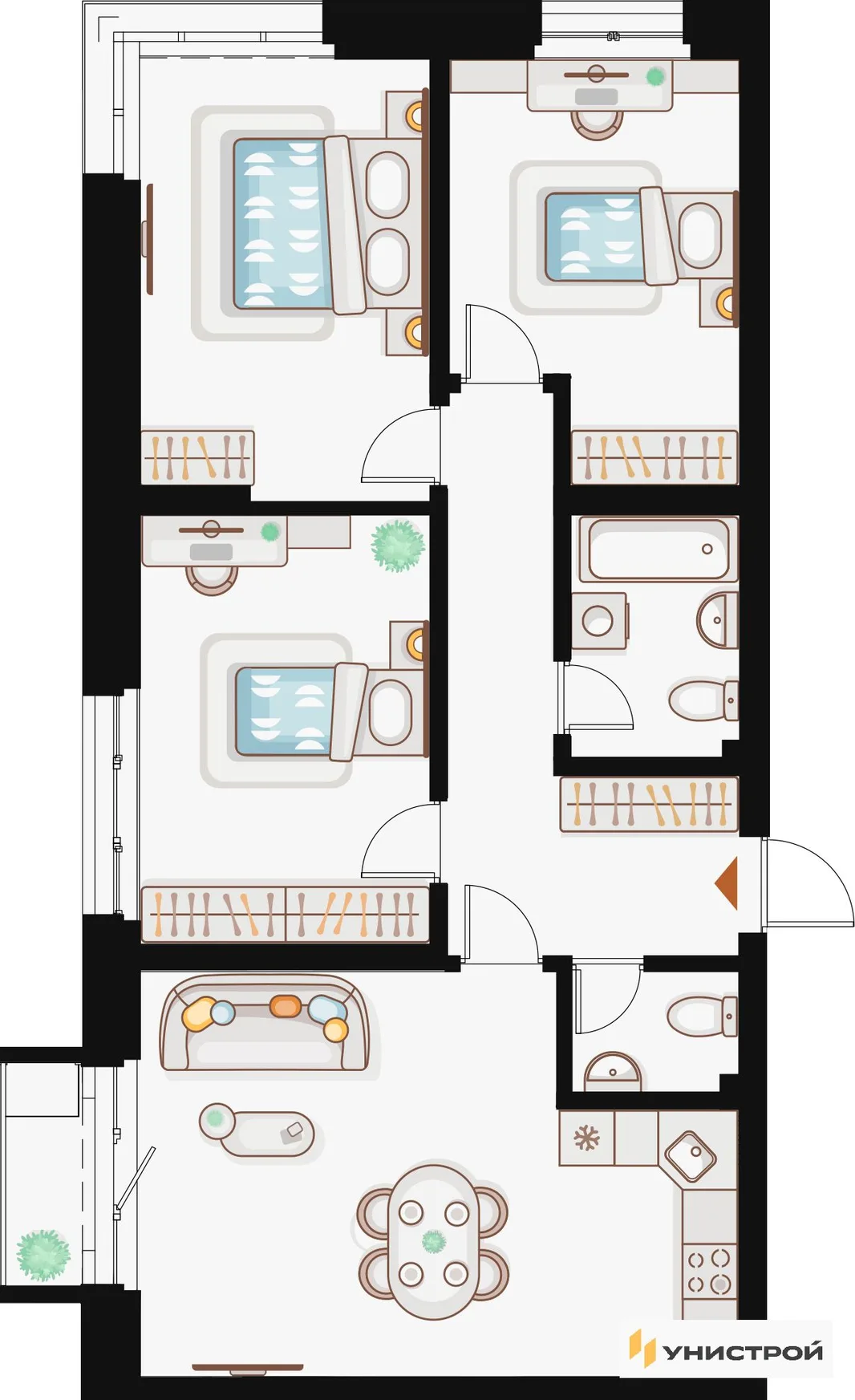 Планировка 3-комн. квартира, 83.97 м² ЖК «Жилой кластер Q на Кулагина»