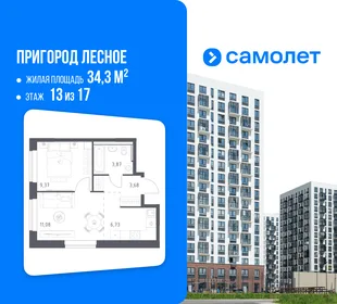 Планировка 1-комн. квартира, 34.3 м² ЖК «Пригород Лесное»