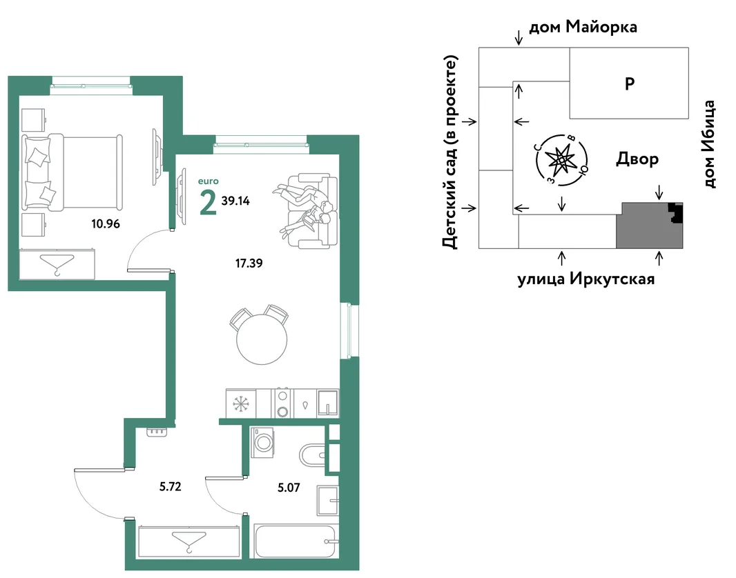 Планировка 2-комн. квартира, 39.14 м² ЖК «Остров-сад»
