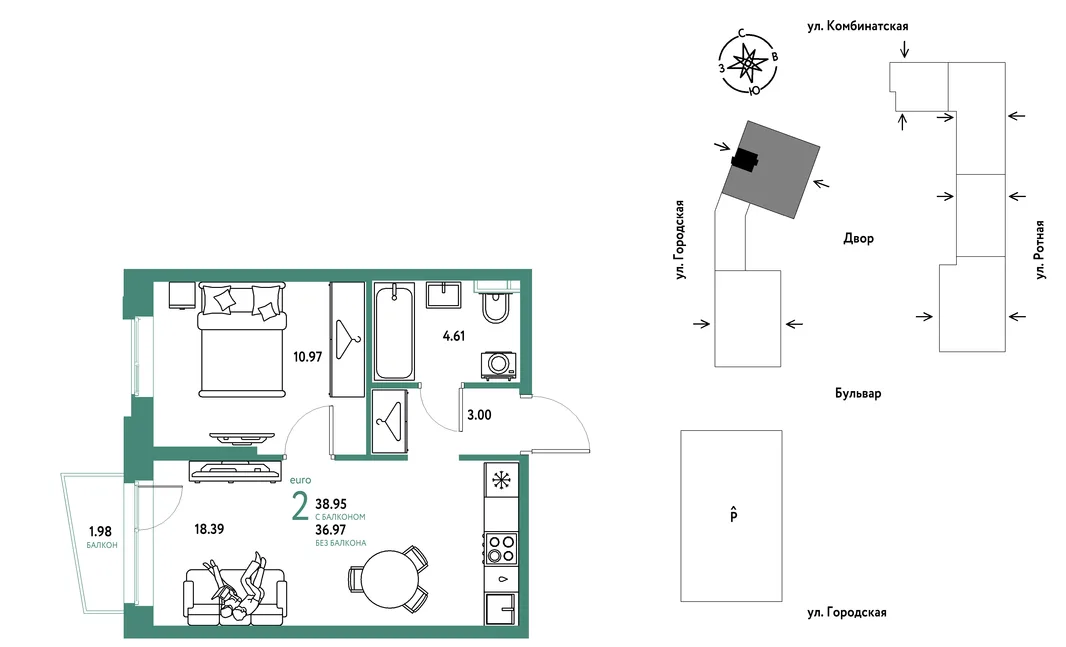 Планировка 2-комн. квартира, 38.95 м² ЖК «Уральский сад»