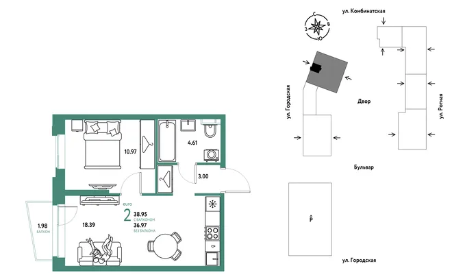 Планировка 2-комн. квартира, 38.95 м² ЖК «Уральский сад» Планировка 2-комн. квартира, 38.95 м² ЖК «Уральский сад»