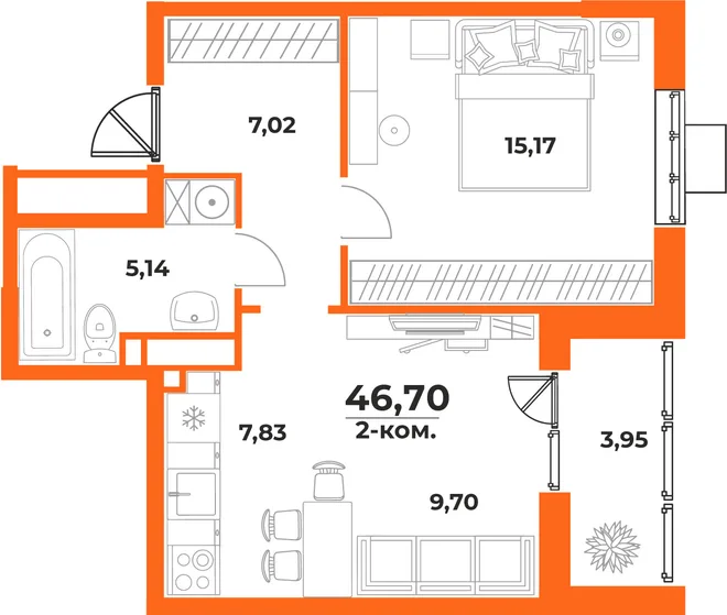 Планировка 2-комн. квартира, 46.7 м² ЖК «Живописный сад» Планировка 2-комн. квартира, 46.7 м² ЖК «Живописный сад»