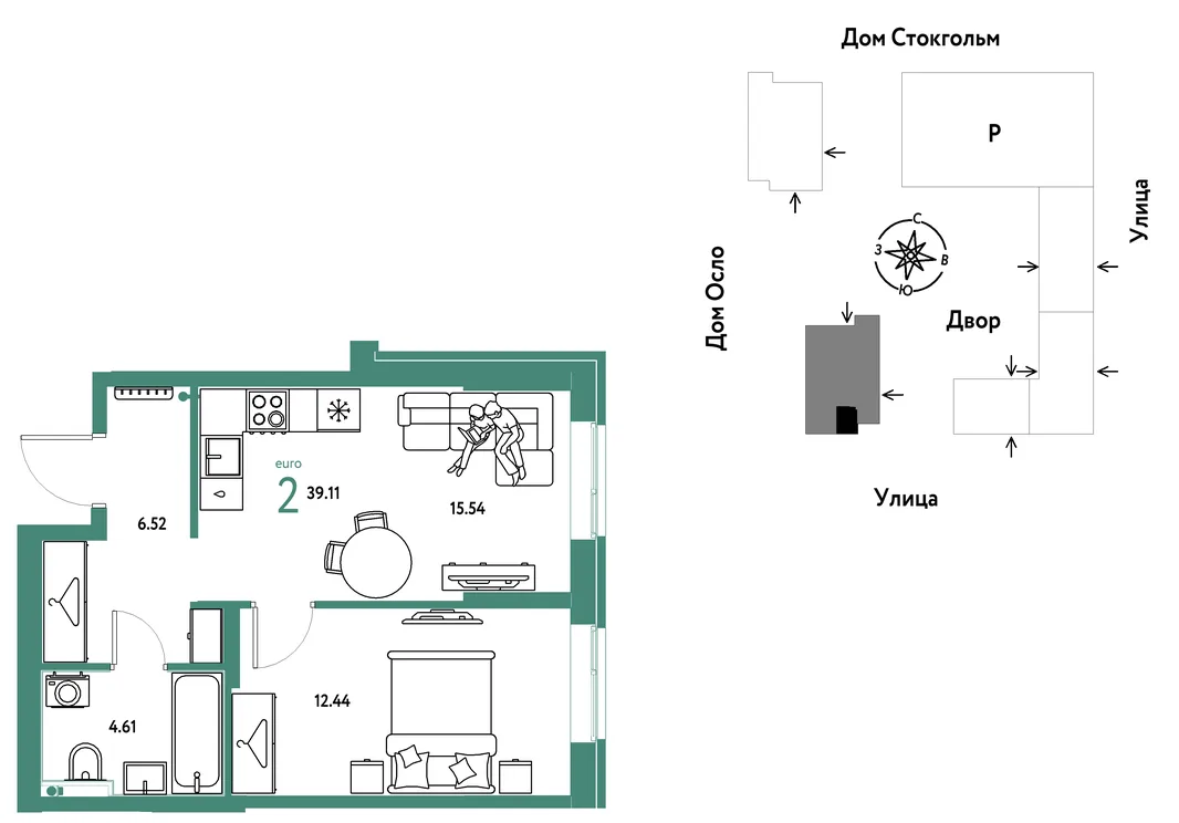 Планировка 2-комн. квартира, 39.11 м² ЖК «Европейский берег 2.0»