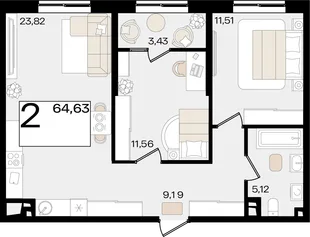 Планировка 2-комн. квартира, 64.63 м² ЖК «Патрики»