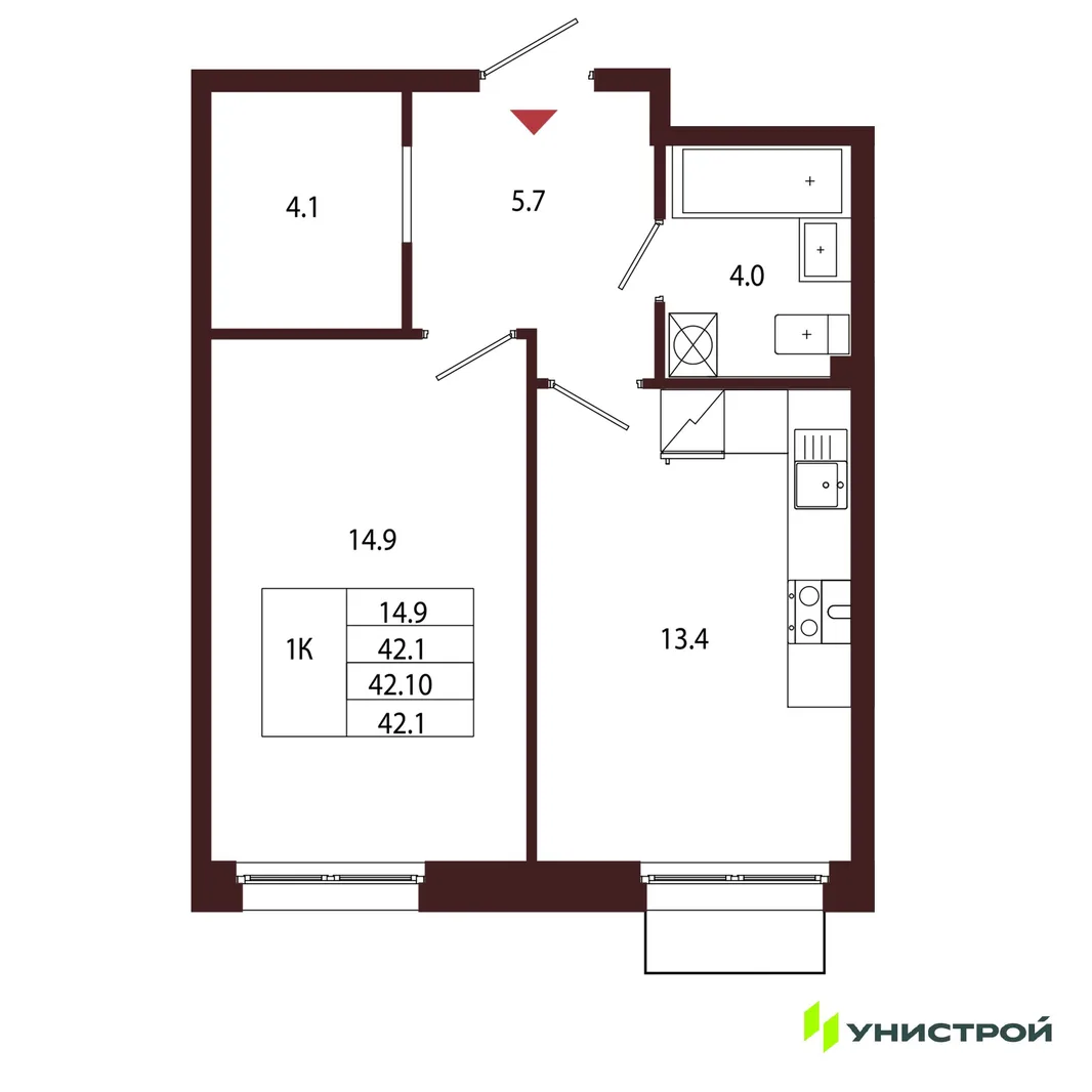 Планировка 1-комн. квартира, 42.1 м² ЖК «Лисино»