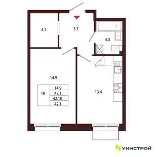 Планировка 1-комн. квартира, 42.1 м² ЖК «Лисино»