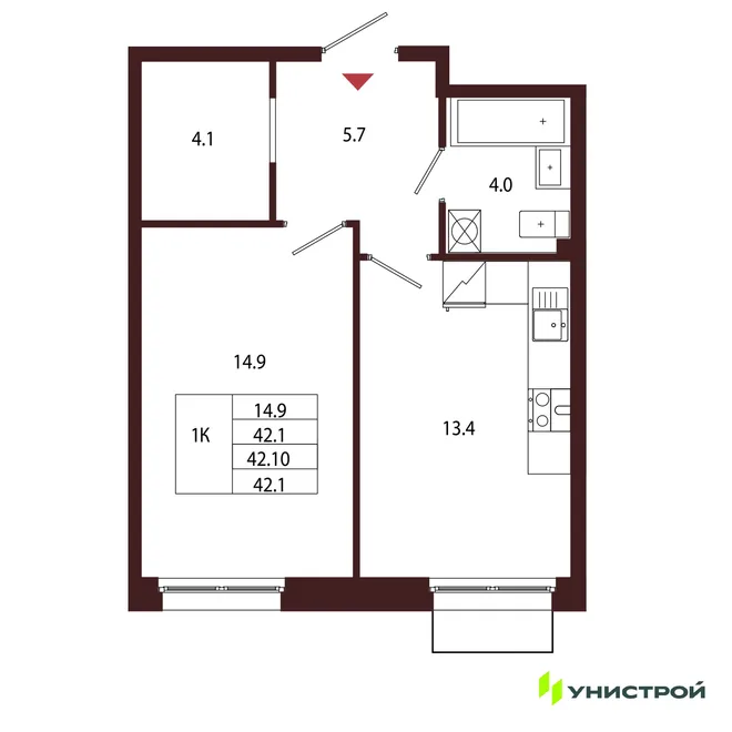 Планировка 1-комн. квартира, 42.1 м² ЖК «Лисино» Планировка 1-комн. квартира, 42.1 м² ЖК «Лисино»
