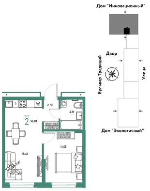 Планировка 2-комн. квартира, 36.81 м² ЖК «Микрорайон Домашний»