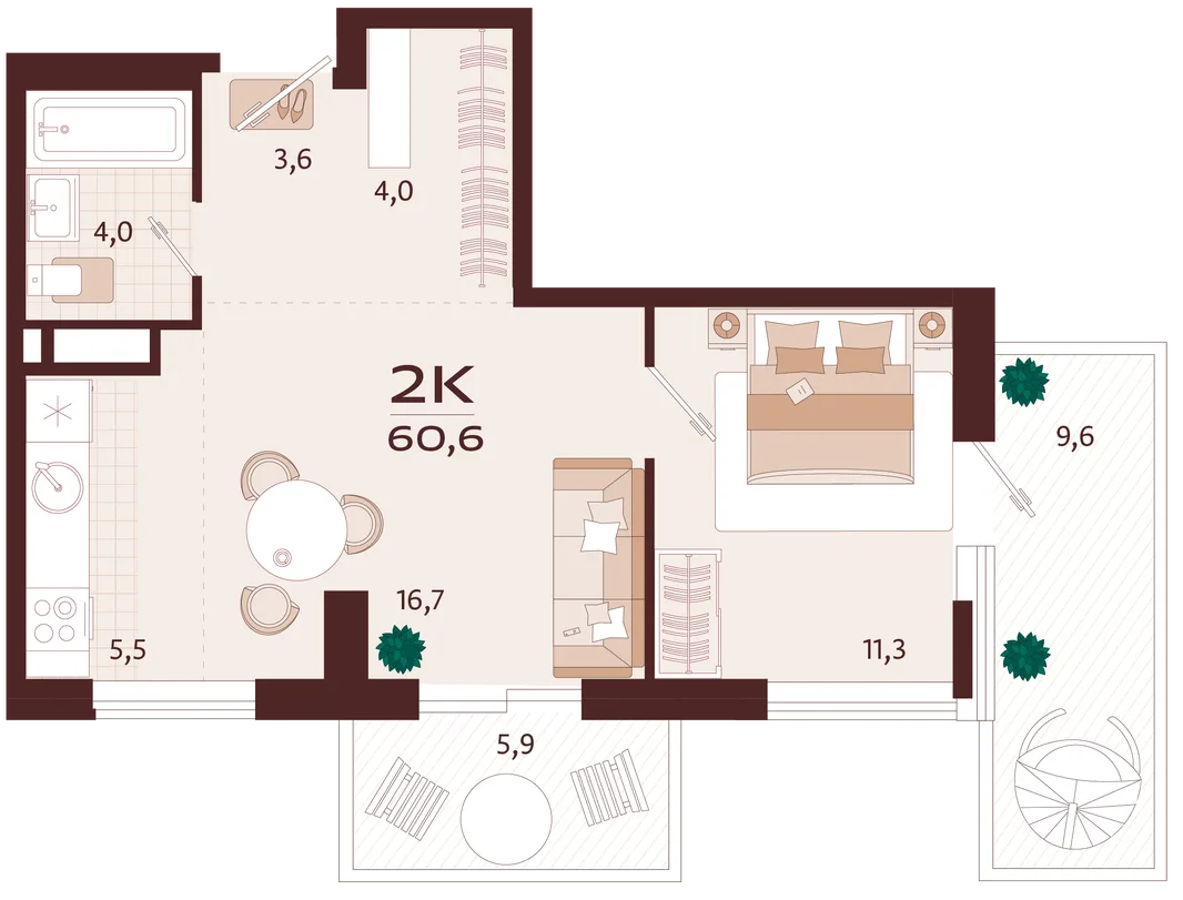 Планировка 2-комн. квартира, 60.6 м² ЖК «Роялта»