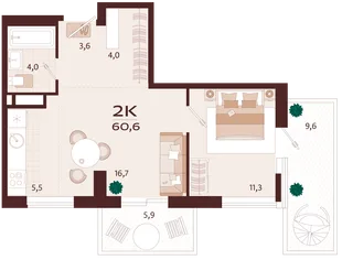 Планировка 2-комн. квартира, 60.6 м² ЖК «Роялта»