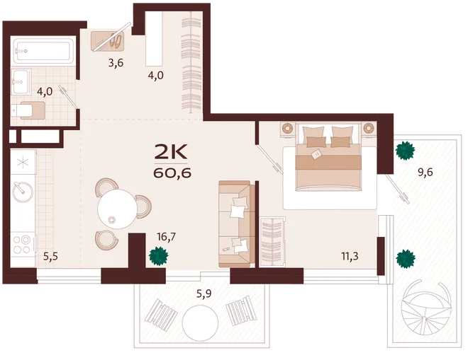 Планировка 2-комн. квартира, 60.6 м² ЖК «Роялта» Планировка 2-комн. квартира, 60.6 м² ЖК «Роялта»