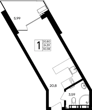 Планировка 1-комн. квартира, 30.38 м² Апарт-комплекс «Песок и море»
